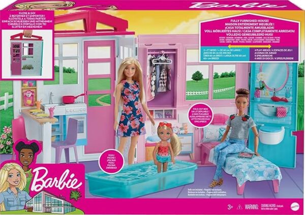 Barbie casa de muñecas, juego portátil de 1 piso con piscina y accesorios - Imagen 2