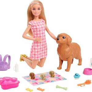 Barbie con mamá perro, embarazada y da a luz. Con 3 cachorros y accesorios