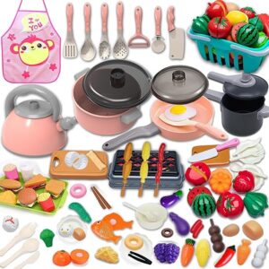 Juego de cocina con utensilios rosa, alimentos, canasta y delantal