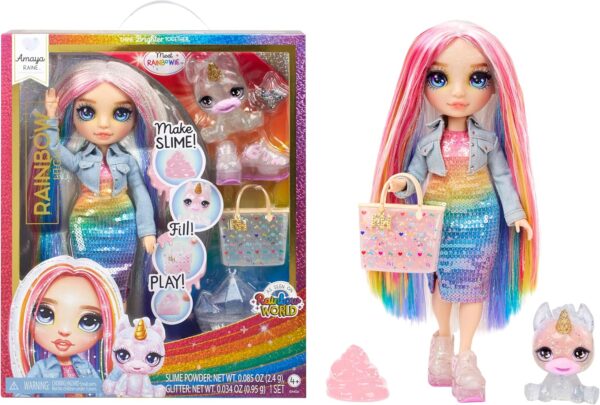 Amaya Rainbow High muñeca de moda arcoíris con kit de slime y mascota - Imagen 9