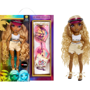 Pacific Coast Harper Dune Rainbow High muñeca de moda amarillo con accesorios de playa