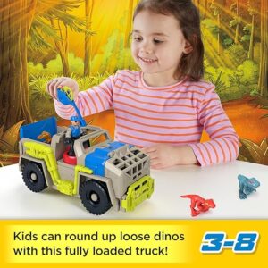 Jurassic World camión de captura con 3 dinosaurios y figura Imaginext