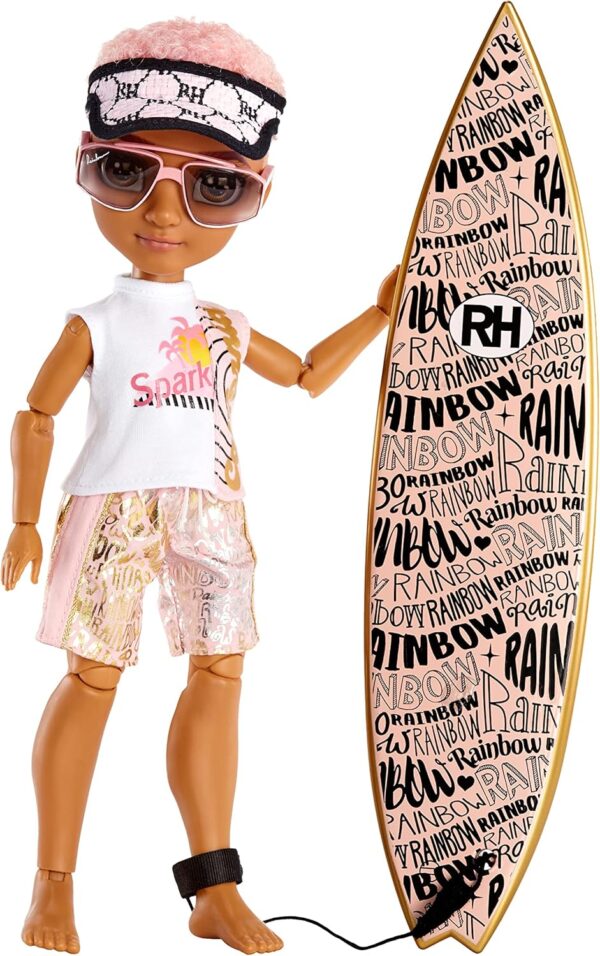 Pacific Coast Finn Rosado Rainbow High muñeca de moda con tabla de surf y accesorios - Imagen 4
