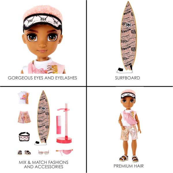 Pacific Coast Finn Rosado Rainbow High muñeca de moda con tabla de surf y accesorios - Imagen 5