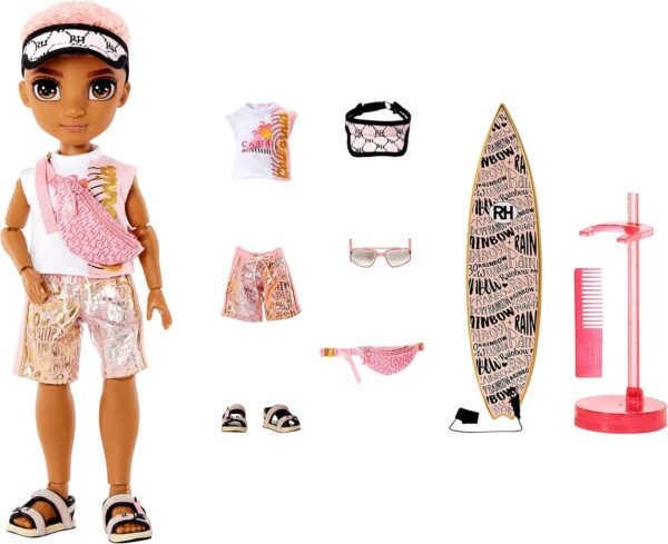 Pacific Coast Finn Rosado Rainbow High muñeca de moda con tabla de surf y accesorios - Imagen 6