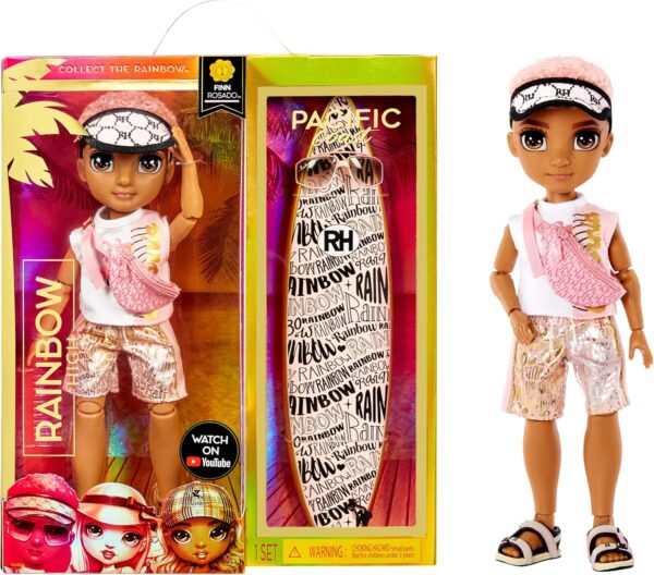 Pacific Coast Finn Rosado Rainbow High muñeca de moda con tabla de surf y accesorios - Imagen 7