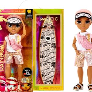 Pacific Coast Finn Rosado Rainbow High muñeca de moda con tabla de surf y accesorios