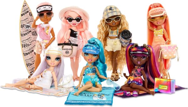 Pacific Coast Finn Rosado Rainbow High muñeca de moda con tabla de surf y accesorios - Imagen 8