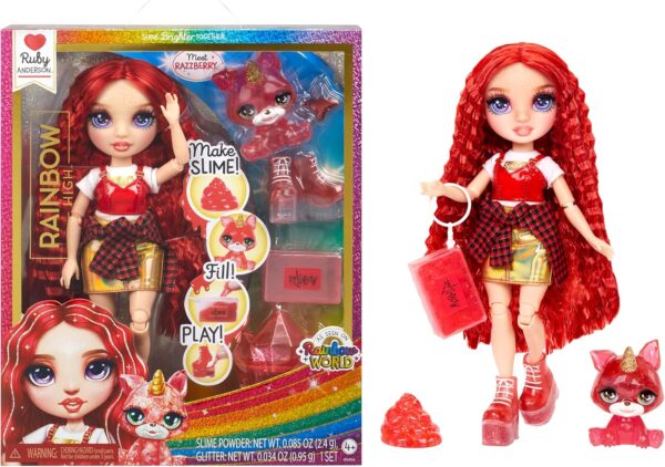 Rubi Rainbow High muñeca de moda roja con kit de slime y mascota - Imagen 6