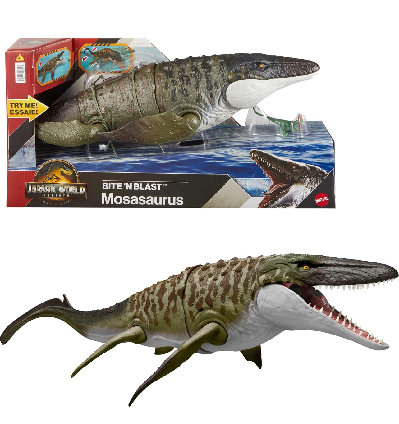 Jurassic World Rebirth Mosasaurus 65cm con dilophosaurus mini