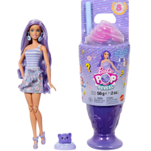 Barbie Pop Reveal Malteada morada con slime, mascota y 8 sorpresas