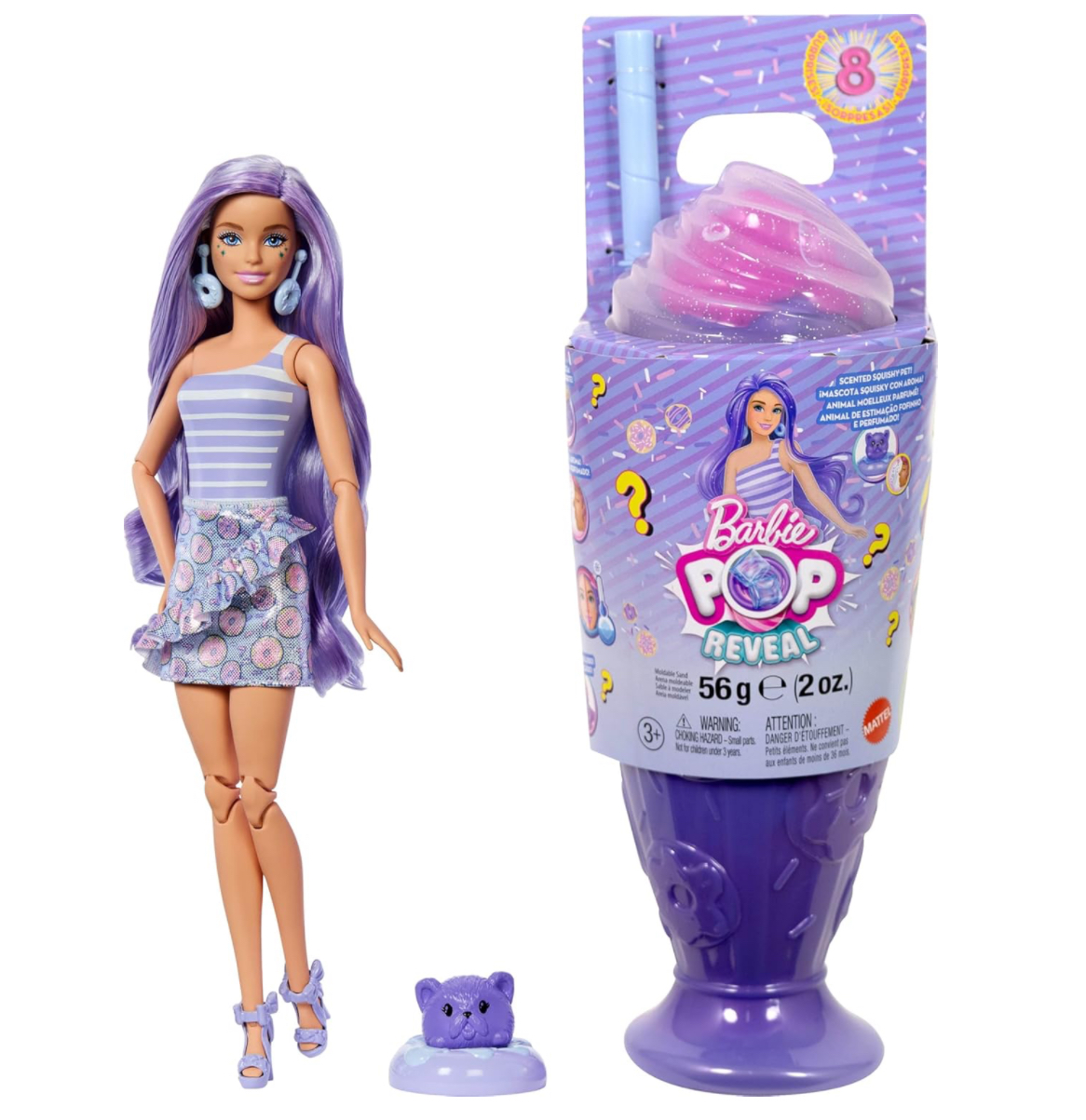 Barbie Pop Reveal Malteada morada con slime, mascota y 8 sorpresas
