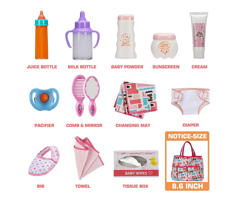 Pañalera para muñeca 14 piezas para cuidado y alimentación - Imagen 3