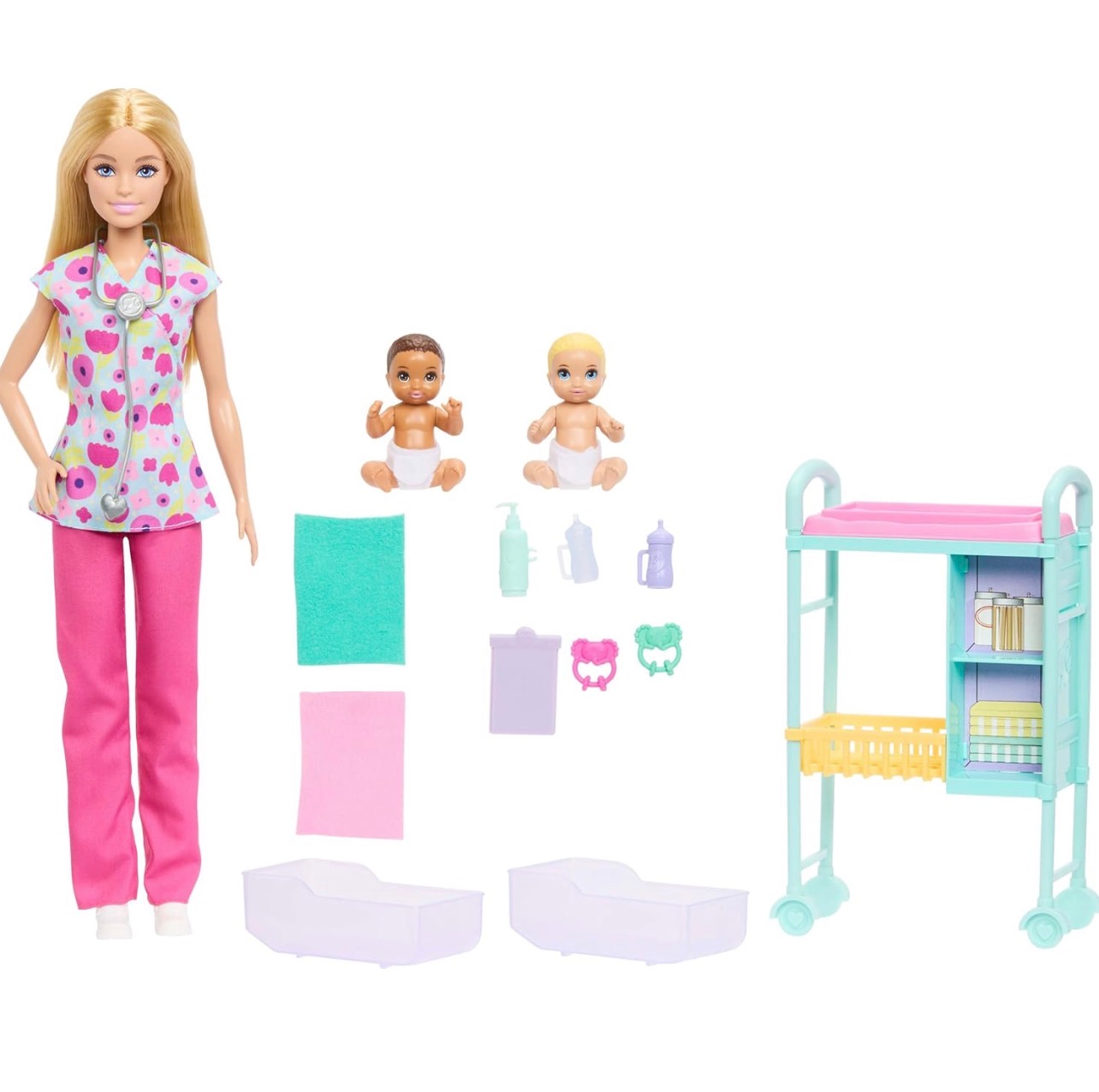 Barbie pediatra rubia con 2 bebés y centro de cuidados