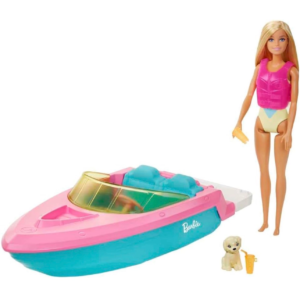 Barbie y lancha flotante. Incluye muñeca y cachorro
